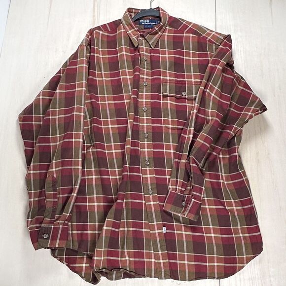 Polo Ralph Lauren Wool Cotton Blend‎ Red Brown Shirt Mens XL  Tartan Plaid - Picture 1 of 6